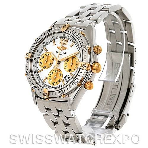 The image shows a Breitling Windrider B55048 Men's Steel and Gold (two tone) White Dial B55048 Men's Steel and Gold (two tone) White Dial watch, angled to highlight the face, bezel, and metal bracelet.
