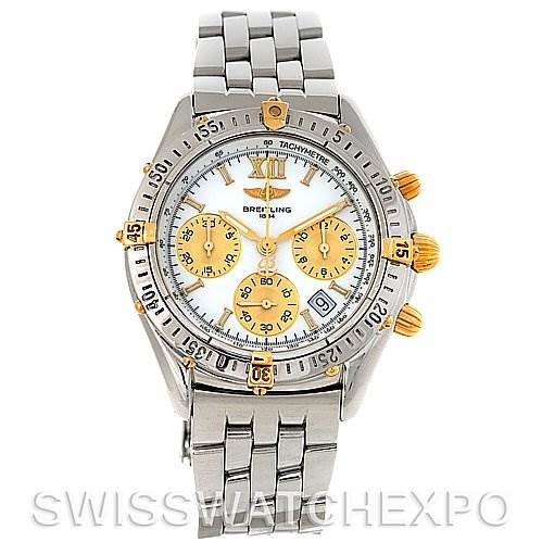 The image shows a Breitling Windrider B55048 Men's Steel and Gold (two tone) White Dial B55048 Men's Steel and Gold (two tone) White Dial watch from a front angle, highlighting its bezel, dial, subdials, and metal bracelet.