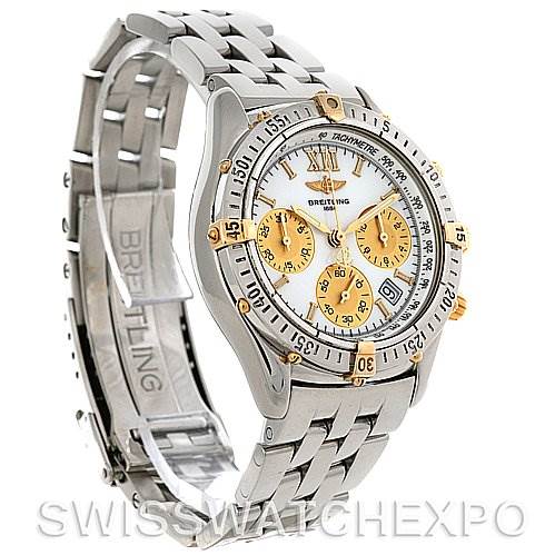 The image shows a Breitling Windrider B55048 Men's Steel and Gold (two tone) White Dial B55048 Men's Steel and Gold (two tone) White Dial model watch from a three-quarters angle, displaying the dial, bezel, and bracelet.