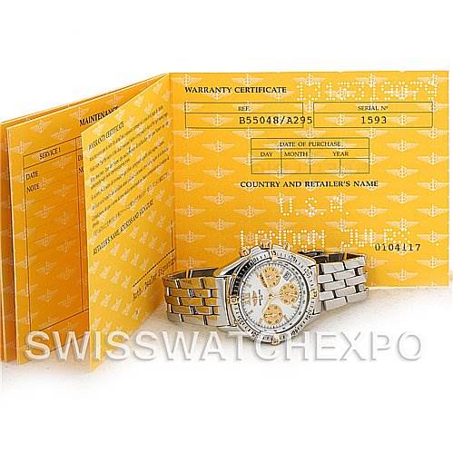 The Breitling Windrider B55048 Men's Steel and Gold (two tone) White Dial B55048 Men's Steel and Gold (two tone) White Dial watch is shown at an angled view, accompanied by its warranty certificate and maintenance booklet.
