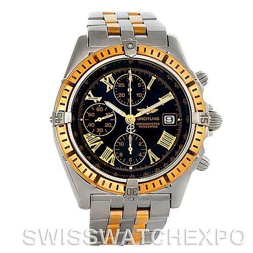This image shows a front view of a Breitling Windrider D1335512 Men's Steel and Gold (two tone) Black Dial D1335512 Men's Steel and Gold (two tone) Black Dial model watch, displaying its face, bezel, and bracelet.