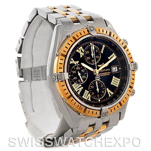 The Breitling Windrider D1335512 Men's Steel and Gold (two tone) Black Dial D1335512 Men's Steel and Gold (two tone) Black Dial watch is shown at a three-quarter angle, displaying its face, bezel, and two-tone bracelet.
