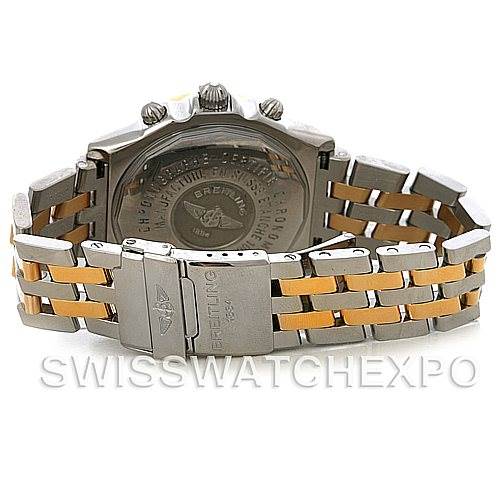 The image shows the back view of a Breitling Windrider D1335512 Men's Steel and Gold (two tone) Black Dial D1335512 Men's Steel and Gold (two tone) Black Dial watch, featuring its case back and dual-tone metal bracelet.