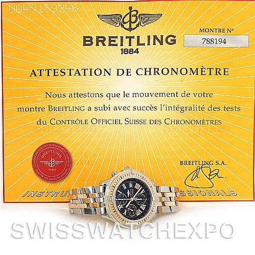 The image shows a Breitling Windrider D1335512 Men's Steel and Gold (two tone) Black Dial D1335512 Men's Steel and Gold (two tone) Black Dial watch positioned front-facing, with a certificate of authenticity in the background.