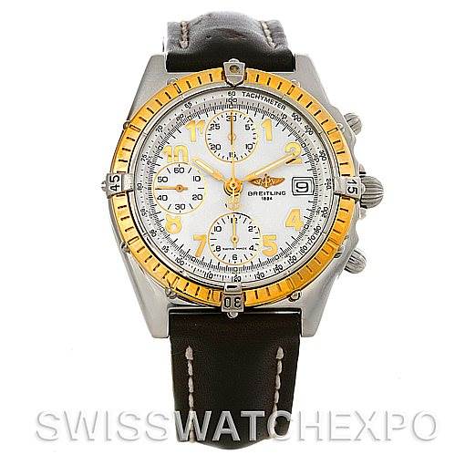 The image shows a front view of a Breitling Windrider D13050 Men's Stainless Steel White Dial D13050 Men's Stainless Steel White Dial watch with a leather strap and a yellow and silver bezel.