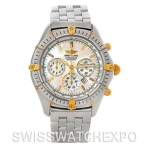 The image shows a Breitling Windrider B35312 Men's Steel and Gold (two tone) Mother of Pearl Dial B35312 Men's Steel and Gold (two tone) Mother of Pearl Dial watch from a top-down angle, displaying the face, bezel, and bracelet.