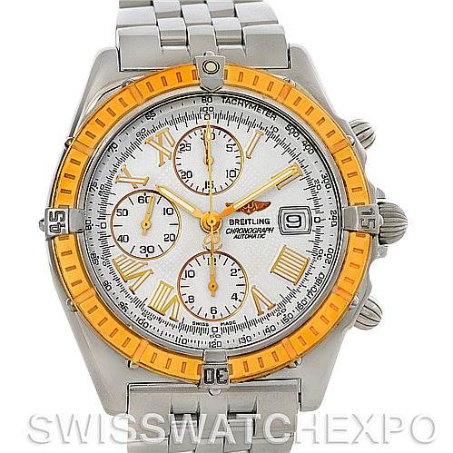 The image shows a front view of a Breitling Windrider D13055 Men's Stainless Steel White Dial D13055 Men's Stainless Steel White Dial watch displaying its dial, bezel, and stainless steel bracelet.