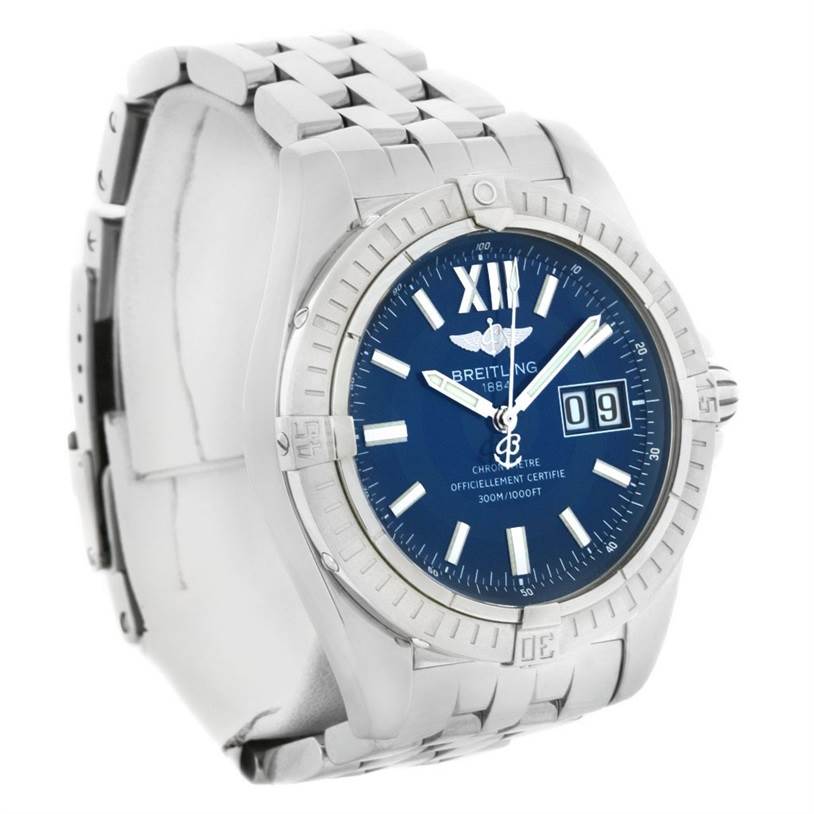 The Breitling Windrider A49350 Men
s Stainless Steel Blue Dial A49350 Men
s Stainless Steel Blue Dial watch is shown from a three-quarter angle, highlighting its bracelet, bezel, and blue dial.