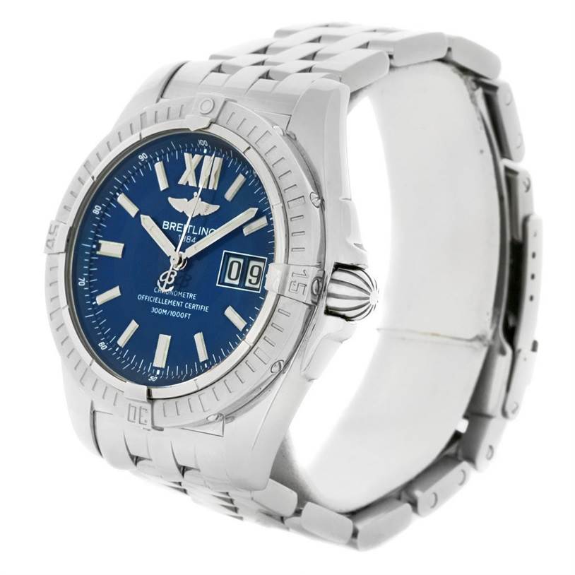 The image shows a Breitling Windrider A49350 Men
s Stainless Steel Blue Dial A49350 Men
s Stainless Steel Blue Dial watch at an angled side view, highlighting its face, bezel, crown, and bracelet.