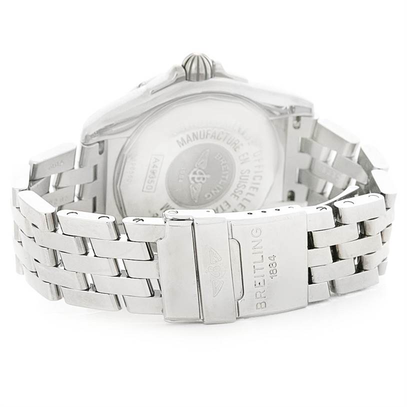 The image shows the back view of a Breitling Windrider A49350 Men
s Stainless Steel Blue Dial A49350 Men
s Stainless Steel Blue Dial watch, focusing on its clasp and metal bracelet.