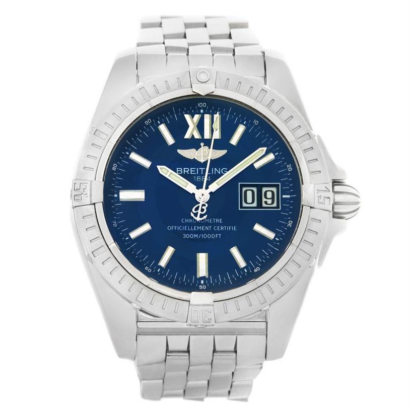 The image shows a front view of a Breitling Windrider A49350 Men
s Stainless Steel Blue Dial A49350 Men
s Stainless Steel Blue Dial watch, highlighting its blue dial, stainless steel bracelet, and date display.