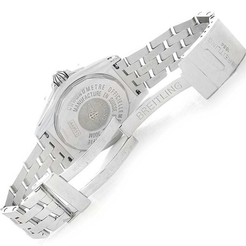 This image shows the Breitling Windrider A49350 Men
s Stainless Steel Blue Dial A49350 Men
s Stainless Steel Blue Dial watch from the back, highlighting its case back and partially open metal bracelet.