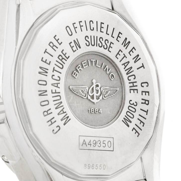 This image shows the back case of the Breitling Windrider A49350 Men
s Stainless Steel Blue Dial A49350 Men
s Stainless Steel Blue Dial watch with inscriptions and the model number A49350.