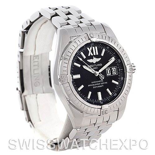 This image shows a Breitling Windrider A49350 Men's Stainless Steel Black Dial A49350 Men's Stainless Steel Black Dial model from an angled side view, highlighting its dial, bezel, and part of its metal bracelet.