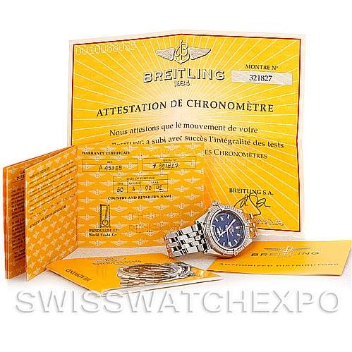 The image shows a Breitling Windrider A45355 Men's Stainless Steel Blue Dial A45355 Men's Stainless Steel Blue Dial watch displayed at an angle along with its certificates and documents.