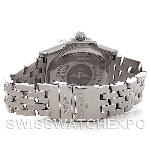 The image shows the back of a Breitling Windrider A45355 Men's Stainless Steel Blue Dial A45355 Men's Stainless Steel Blue Dial watch at an angle, highlighting its metal bracelet and engraved case back.