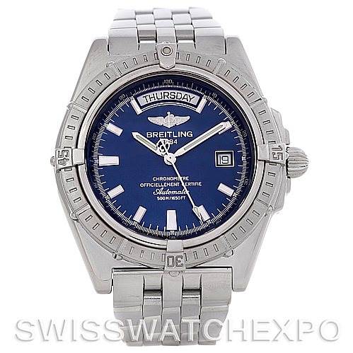 The image shows a front view of a Breitling Windrider A45355 Men's Stainless Steel Blue Dial A45355 Men's Stainless Steel Blue Dial watch, displaying its bezel, dial, day-date functions, and bracelet.