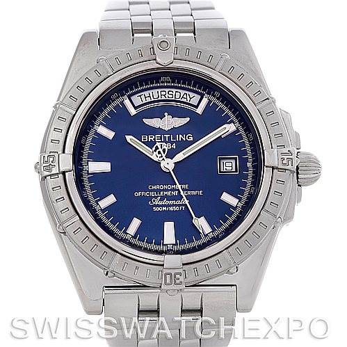 The image shows a front view of a Breitling Windrider A45355 Men's Stainless Steel Blue Dial A45355 Men's Stainless Steel Blue Dial watch, highlighting its face, bezel, and bracelet.