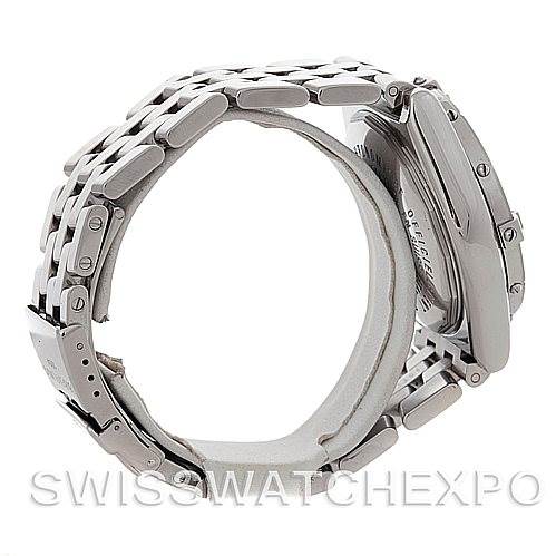 This Breitling Windrider A45355 Men's Stainless Steel Blue Dial A45355 Men's Stainless Steel Blue Dial watch is shown from a side angle, highlighting the bracelet, case, and partially the clasp.