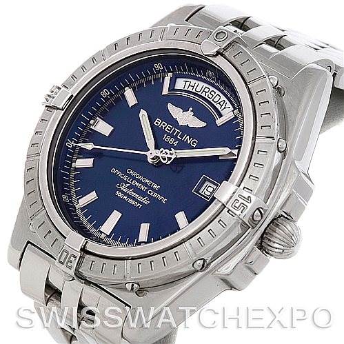 The image shows a Breitling Windrider A45355 Men's Stainless Steel Blue Dial A45355 Men's Stainless Steel Blue Dial watch from a slightly angled side view, highlighting the face, bezel, and part of the bracelet.