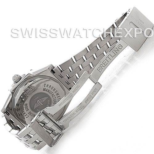 The image shows the back and clasp of a Breitling Windrider A45355 Men's Stainless Steel Blue Dial A45355 Men's Stainless Steel Blue Dial watch, highlighting its metal bracelet and engraved details.