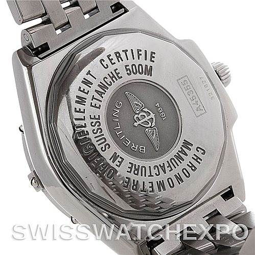 This image shows the back case of a Breitling Windrider A45355 Men's Stainless Steel Blue Dial A45355 Men's Stainless Steel Blue Dial watch, highlighting brand engravings and water resistance details.