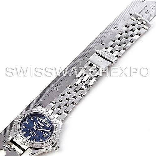 This image shows a Breitling Windrider A45355 Men's Stainless Steel Blue Dial A45355 Men's Stainless Steel Blue Dial watch laid flat with a ruler alongside, highlighting the bracelet and clasp.