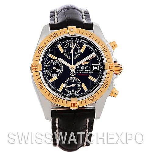 This image shows a front view of the Windrider model by Breitling, featuring its black leather strap and gold bezel with chronograph dial.