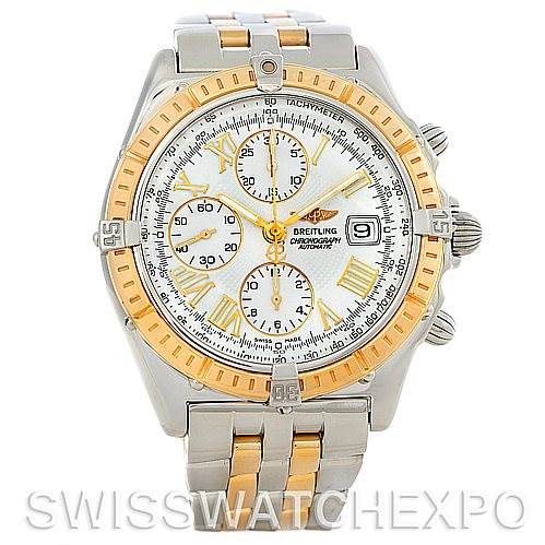 The image shows a front view of a Breitling Windrider D13055 Men
s Stainless Steel White Dial D13055 Men
s Stainless Steel White Dial watch, including the face, bezel, and bracelet.