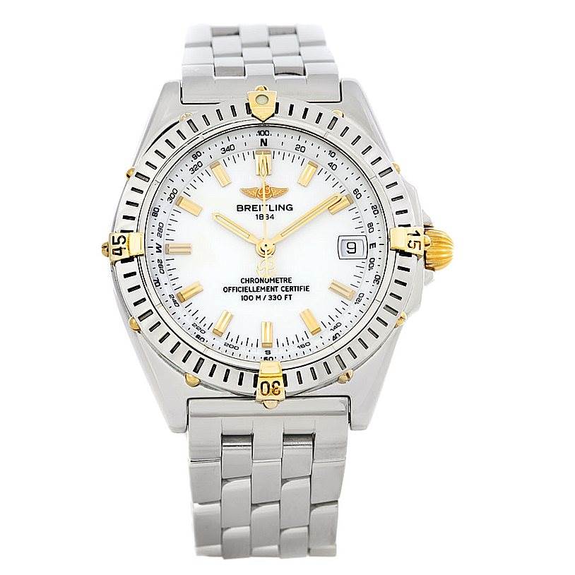 The image shows a front view of the Breitling Windrider B10350 Men's Steel and Gold (two tone) White Dial B10350 Men's Steel and Gold (two tone) White Dial watch displaying its dial, bezel, and bracelet.