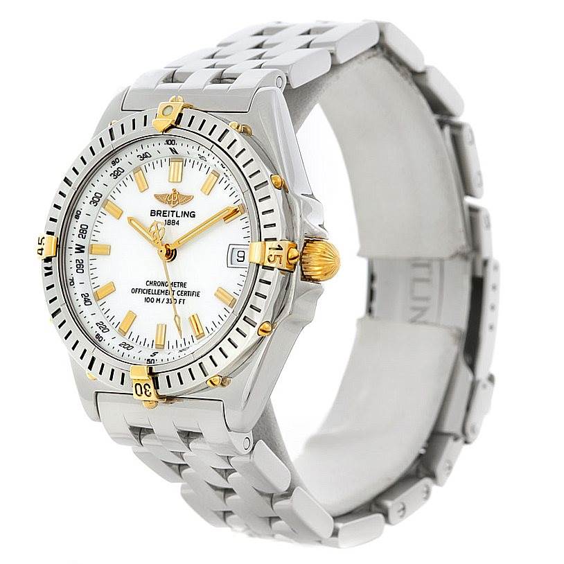 The image shows a side view of a Breitling Windrider B10350 Men's Steel and Gold (two tone) White Dial B10350 Men's Steel and Gold (two tone) White Dial watch, highlighting its dial, bezel, case, crown, and bracelet.