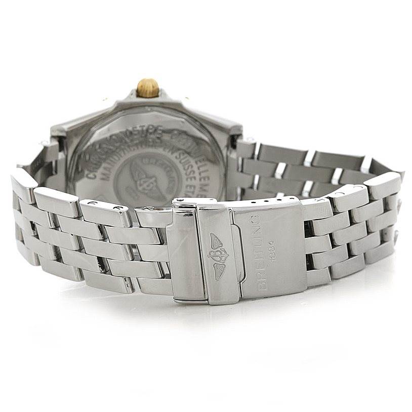 This image shows the back view of a Breitling Windrider B10350 Men's Steel and Gold (two tone) White Dial B10350 Men's Steel and Gold (two tone) White Dial watch, highlighting the clasp and part of the bracelet.