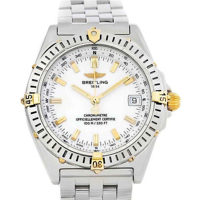 This image shows a front view of the Breitling Windrider B10350 Men's Steel and Gold (two tone) White Dial B10350 Men's Steel and Gold (two tone) White Dial watch, displaying its face, bezel, and bracelet.