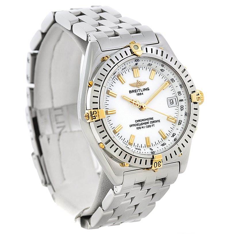 The image shows a Breitling Windrider B10350 Men's Steel and Gold (two tone) White Dial B10350 Men's Steel and Gold (two tone) White Dial watch at a three-quarter angle, highlighting the face, bezel, and stainless steel bracelet.