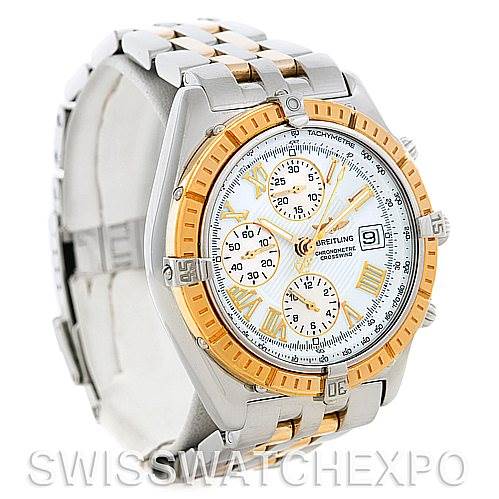 The image shows a Breitling Windrider D13355 Men's Steel and Gold (two tone) White Dial D13355 Men's Steel and Gold (two tone) White Dial watch at a three-quarter angle, displaying the bezel, dial, and part of the bracelet.