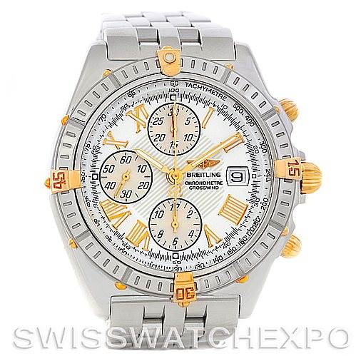 The image shows a Breitling Windrider B13355 Men's Steel and Gold (two tone) White Dial B13355 Men's Steel and Gold (two tone) White Dial watch from the front, displaying its dial, bezel, and bracelet.