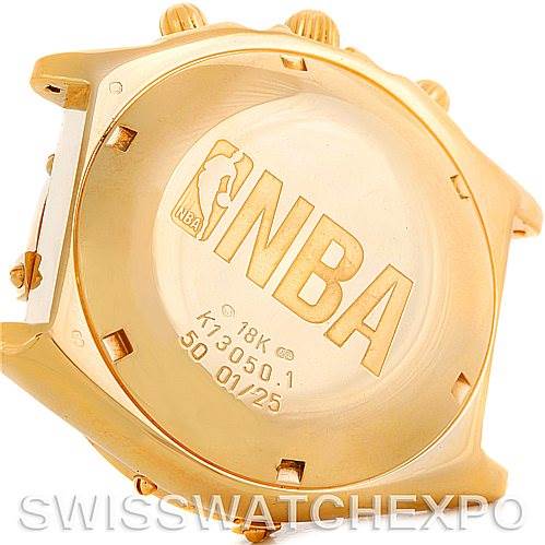 The image shows the back case of the Breitling Windrider K13350 Men's Yellow Gold White Dial K13350 Men's Yellow Gold White Dial watch, highlighting the NBA engraving on it.
