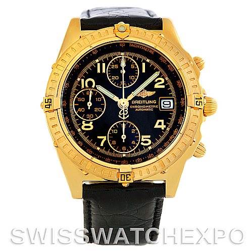 The image shows a front view of the Breitling Windrider K13352 Men's Yellow Gold Black Dial K13352 Men's Yellow Gold Black Dial model watch, highlighting its gold case, black dial, chronograph subdials, and leather strap.