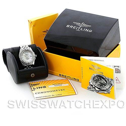 The image shows a Breitling Windrider A45355 Men's Stainless Steel White Dial A45355 Men's Stainless Steel White Dial watch with its original box, warranty card, instruction manual, and additional documentation.