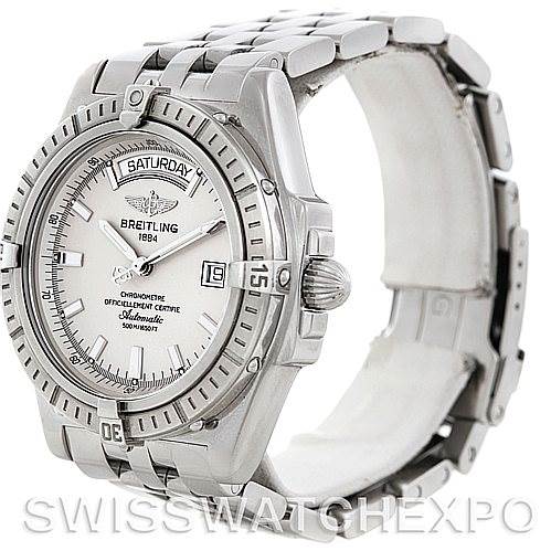 The image shows a side and three-quarter view of a Breitling Windrider A45355 Men's Stainless Steel White Dial A45355 Men's Stainless Steel White Dial watch, highlighting the bezel, dial, crown, and bracelet.