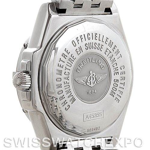 The image shows the back case and bracelet of the Breitling Windrider A45355 Men's Stainless Steel White Dial A45355 Men's Stainless Steel White Dial watch at an angled side view.