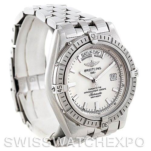 This image shows a Breitling Windrider A45355 Men's Stainless Steel White Dial A45355 Men's Stainless Steel White Dial watch at a three-quarter angle, displaying its face, bezel, and part of the bracelet.