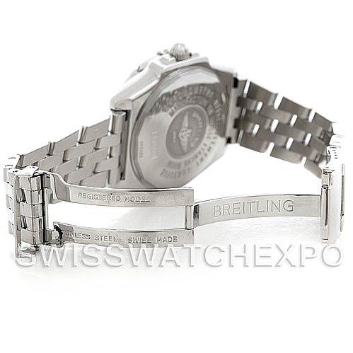 This image shows the backside and clasp of a Breitling Windrider A45355 Men's Stainless Steel White Dial A45355 Men's Stainless Steel White Dial model, highlighting the stainless steel bracelet and its etched details.