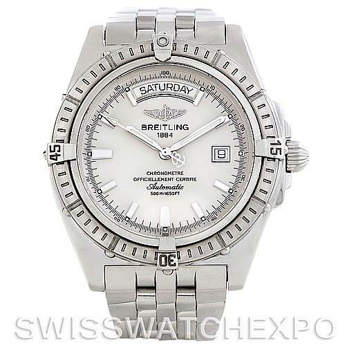 This is a front view of the Breitling Windrider A45355 Men's Stainless Steel White Dial A45355 Men's Stainless Steel White Dial watch, displaying its dial, bezel, crown, and bracelet.