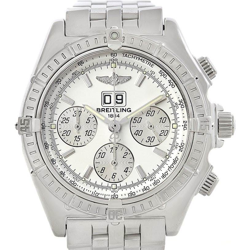 The image shows a frontal view of a Breitling Windrider A44355 Men
s Stainless Steel White Dial A44355 Men
s Stainless Steel White Dial watch, displaying the dial, bezel, and bracelet.