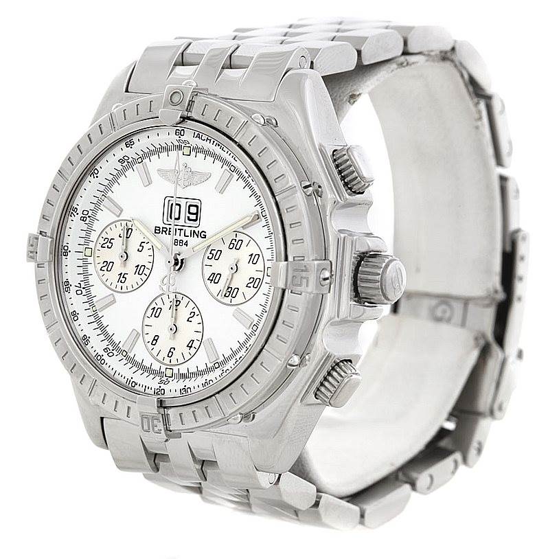 The image shows a Breitling Windrider A44355 Men
s Stainless Steel White Dial A44355 Men
s Stainless Steel White Dial watch at a slight side angle, highlighting its face, bezel, and stainless steel bracelet.