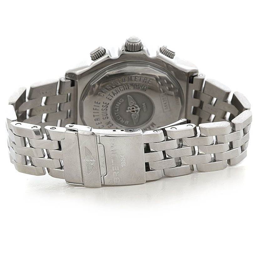 This image shows the back view of the Breitling Windrider A44355 Men
s Stainless Steel White Dial A44355 Men
s Stainless Steel White Dial watch, focusing on the bracelet and case back.