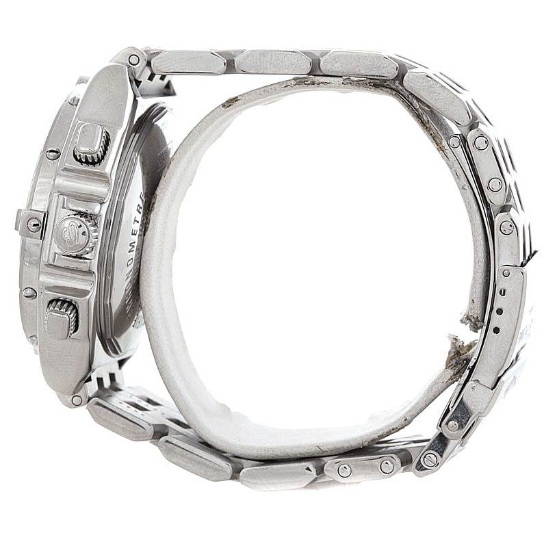 The image shows the side view of a Breitling Windrider A44355 Men
s Stainless Steel White Dial A44355 Men
s Stainless Steel White Dial watch including the crown, chronograph pushers, and part of the metal bracelet.