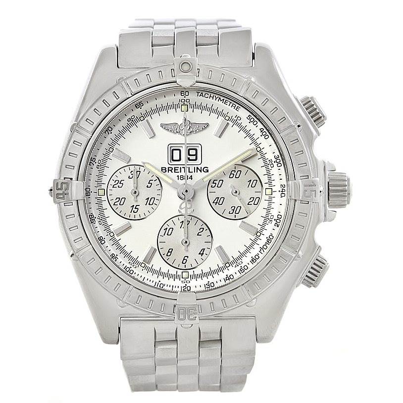 This image shows a front view of the Breitling Windrider A44355 Men
s Stainless Steel White Dial A44355 Men
s Stainless Steel White Dial watch, highlighting its dial, subdials, and metal bracelet.