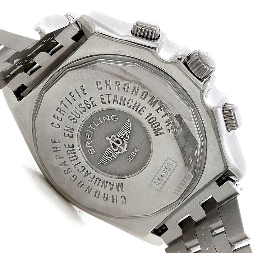 The image shows the back casing and part of the bracelet of a Breitling Windrider A44355 Men
s Stainless Steel White Dial A44355 Men
s Stainless Steel White Dial watch at an angled view.